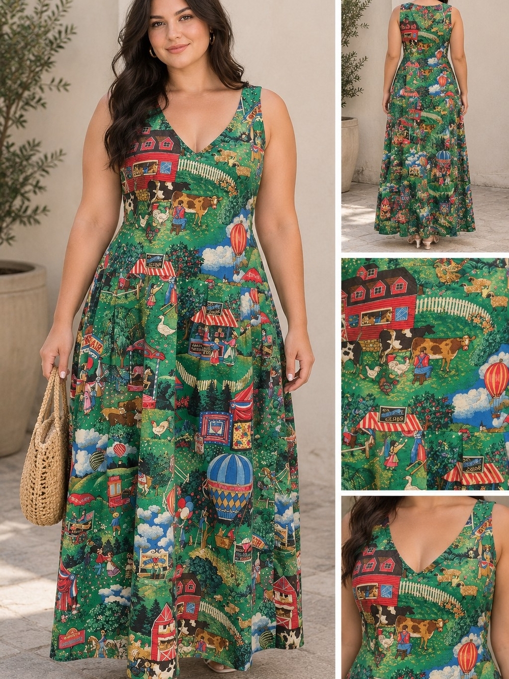 Vintage Scenic Green V-Neck Maxi Dress